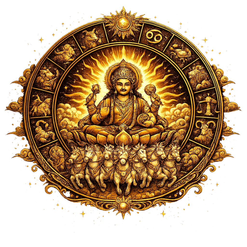 Surya Dev — The Sun God with zodiac wheel